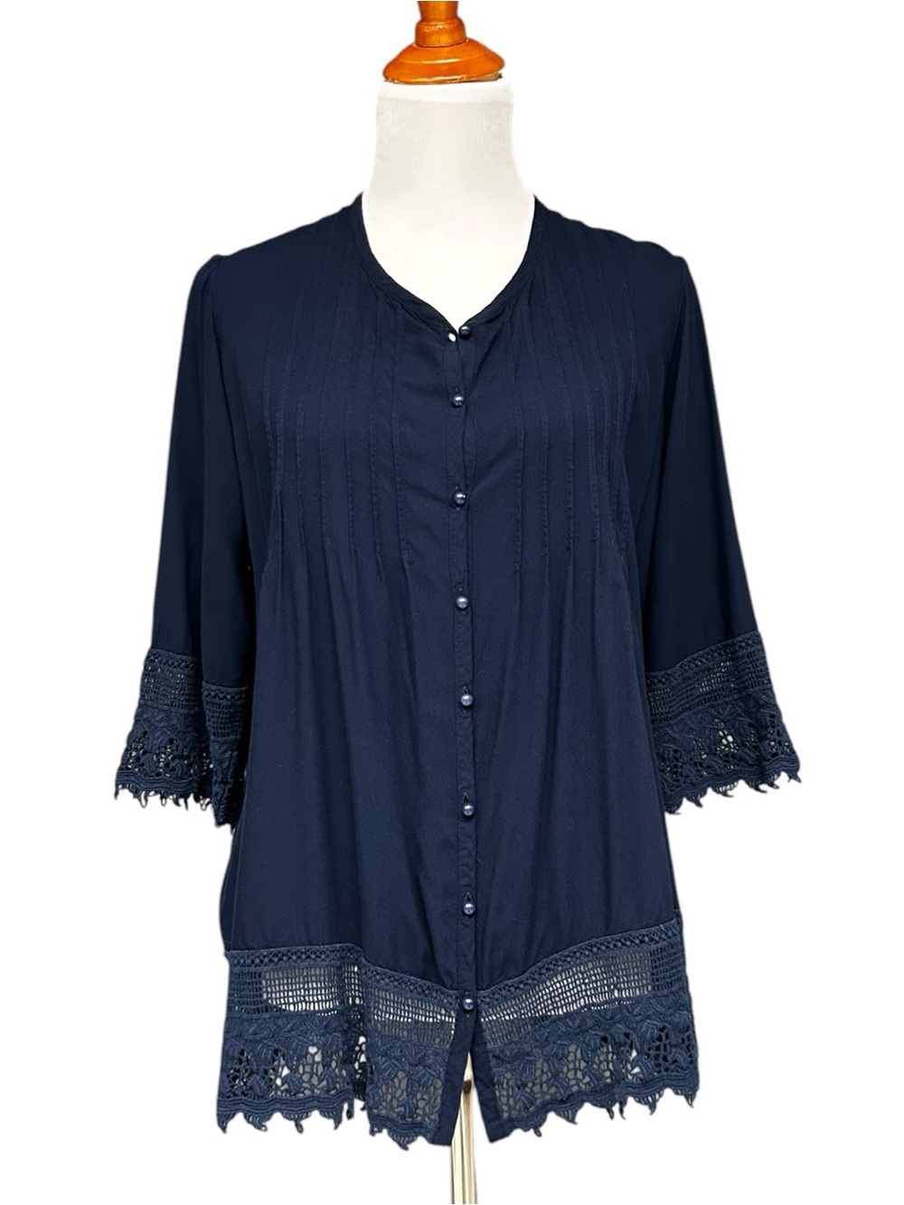 Blair Navy Blue Rayon Crochet Lace Trim Tunic Blouse Large Boho Button Front